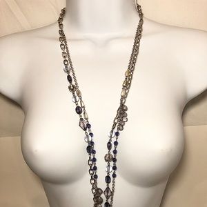 Beaded Silver Toned Long Layered Necklace